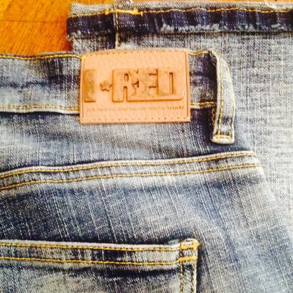 Indigo red washed‎ faded bootcut jeans